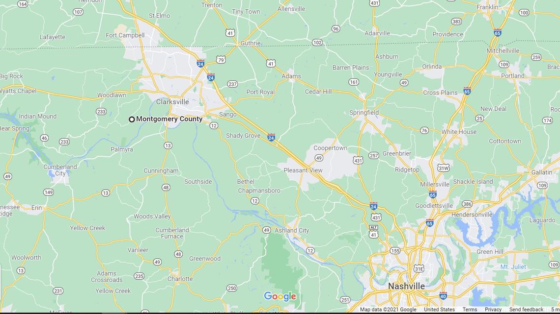 A Google Maps screen grab shows Montgomery County, Tennessee, where police said numerous residents reported feeling a mysterious shaking and hearing an explosion Saturday night.