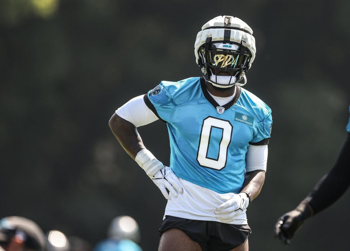 Carolina Panthers Brian Burns wears the number 0 at Panthers Training Camp at Wofford College in Spartanburg, N.C., on Wednesday, July 26, 2023.