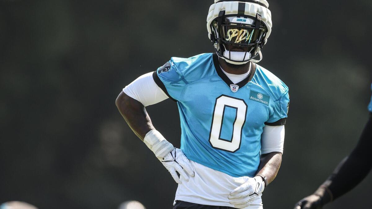 Carolina Panthers Brian Burns wears the number 0 at Panthers Training Camp at Wofford College in Spartanburg, SC., on Wednesday, July 26, 2023.