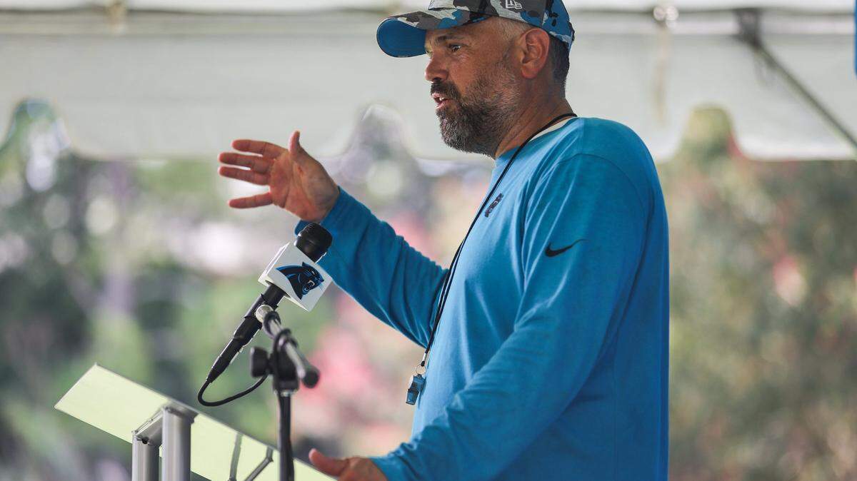 Panthers Head Coach Matt Rhule speaks to media after training camp practice at Wofford College on Tuesday, August 9, 2022 in Spartanburg, SC.