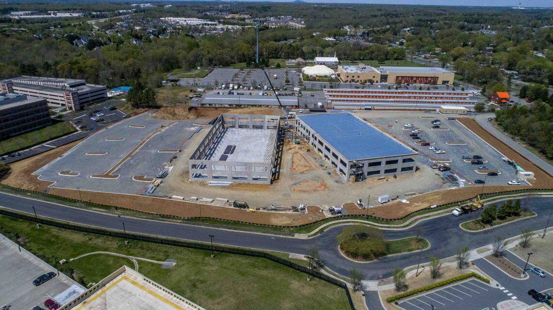 A drone shot of construction at the Edison at Arrowood, a "creative office" building opening this summer.
