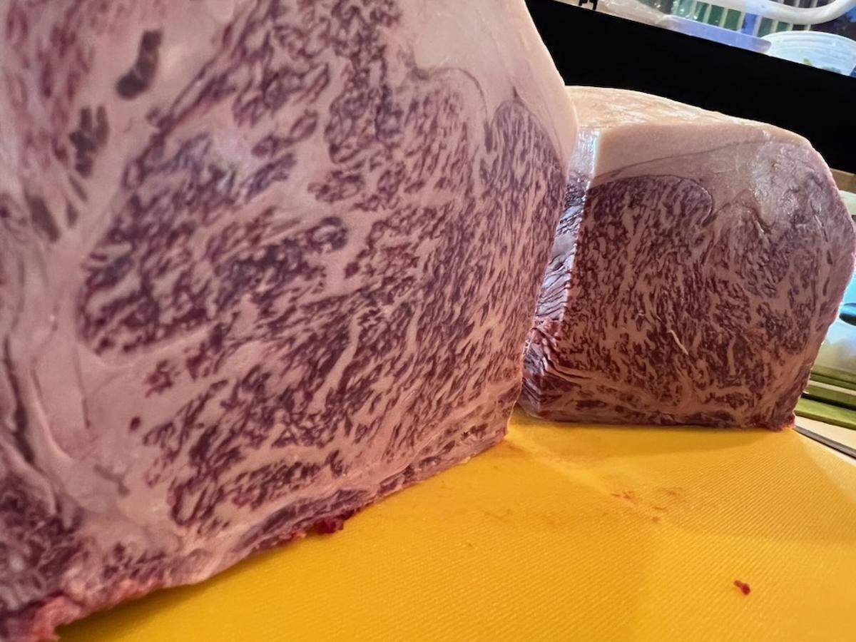 A5 Wagyu, waiting to be sliced, at Miku.