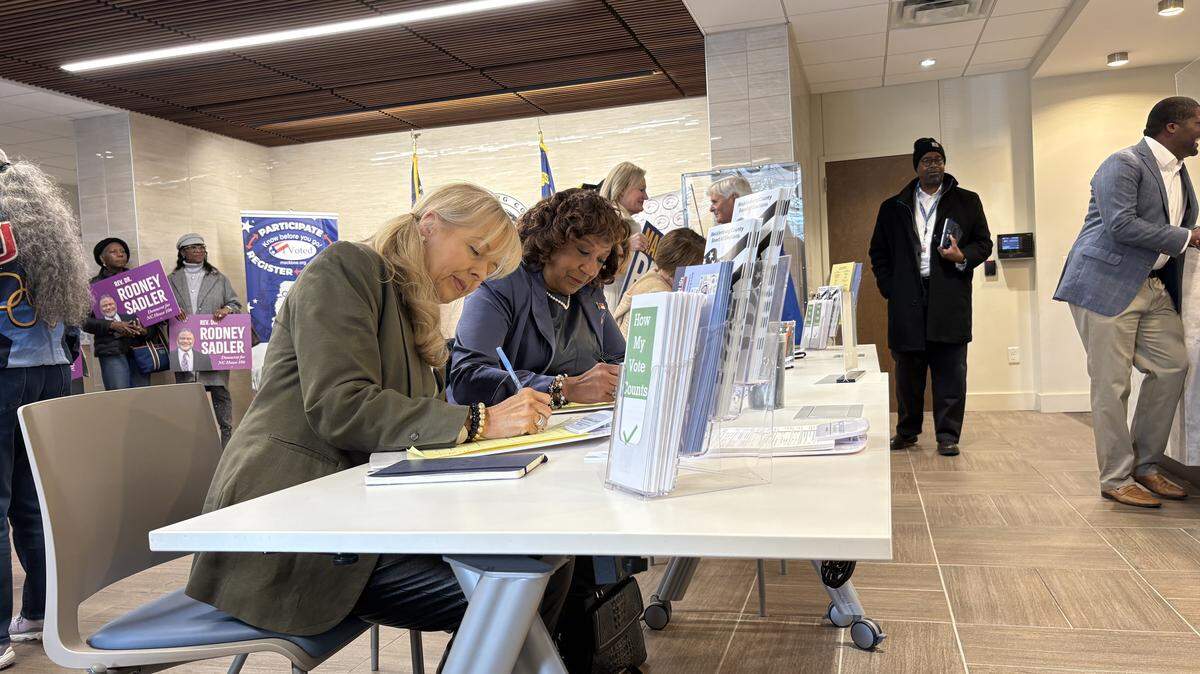 North Carolina state Rep. Julia Greenfield fills out paperwork at the Mecklenburg County Board of Elections on Monday, Dec. 1, 2025 to run for reelection in 2026.