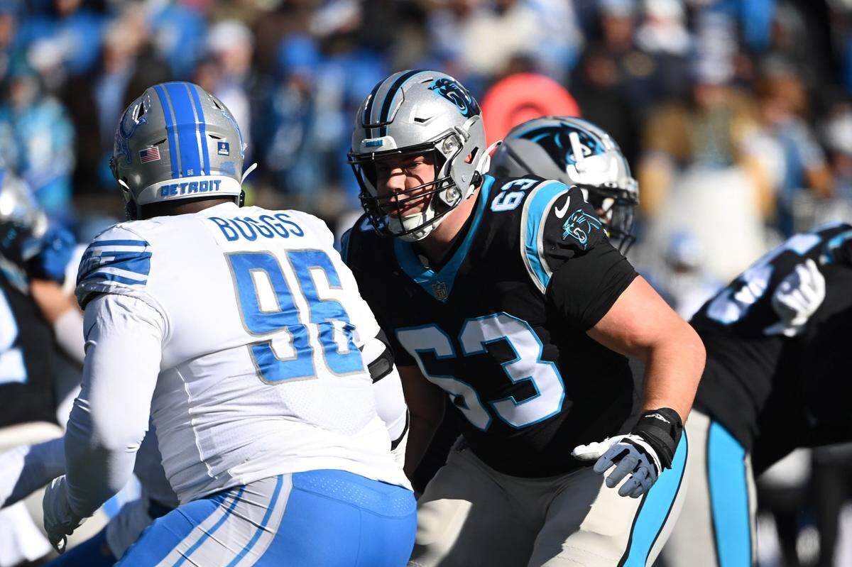Panthers guard Austin Corbett (63) has been hurt for most of 2023, and the team has struggled greatly at both guard positions in his absence.