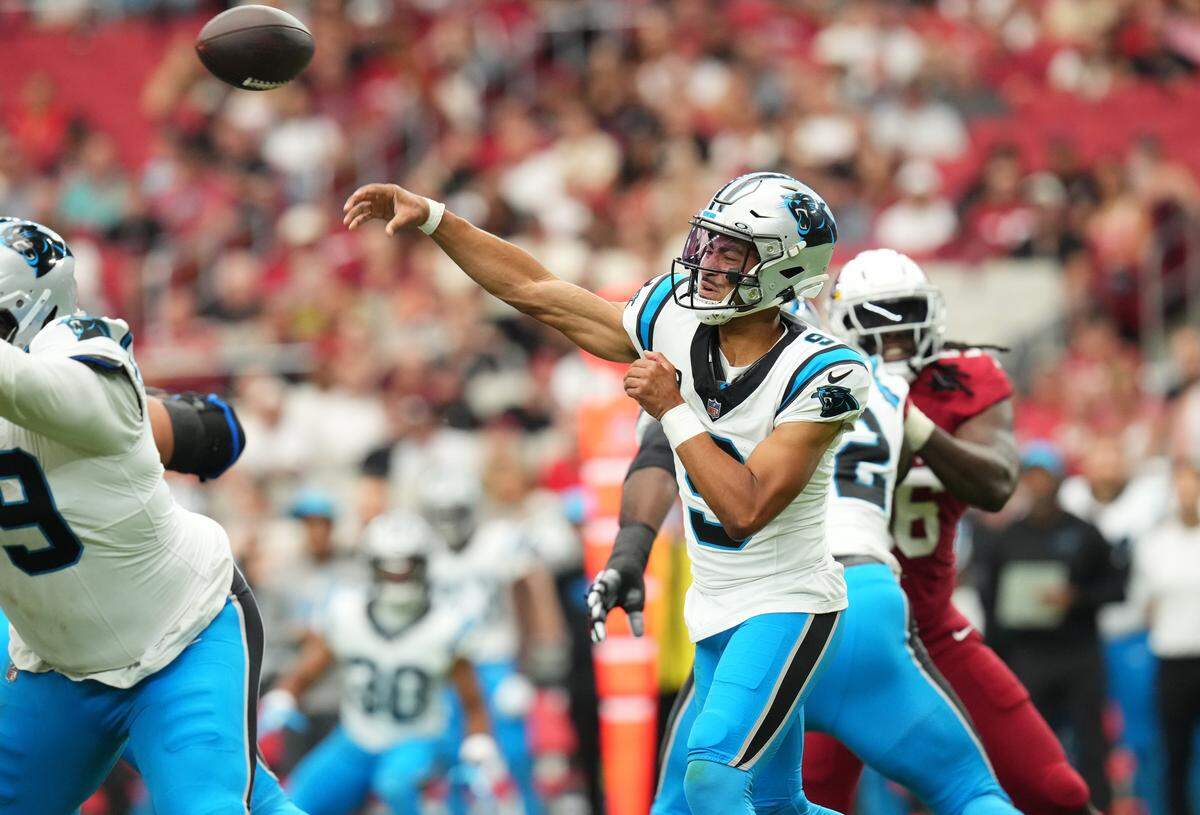 Carolina Panthers quarterback Bryce Young (9) throws a pass against the Arizona Cardinals at State Farm Stadium on Sept. 14, 2025.