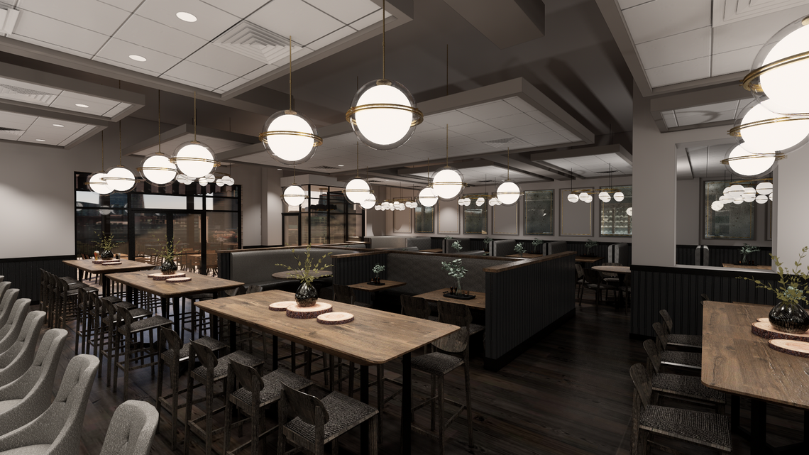 This rendering of the new Harry’s space shows the view of the dining room from the bar.