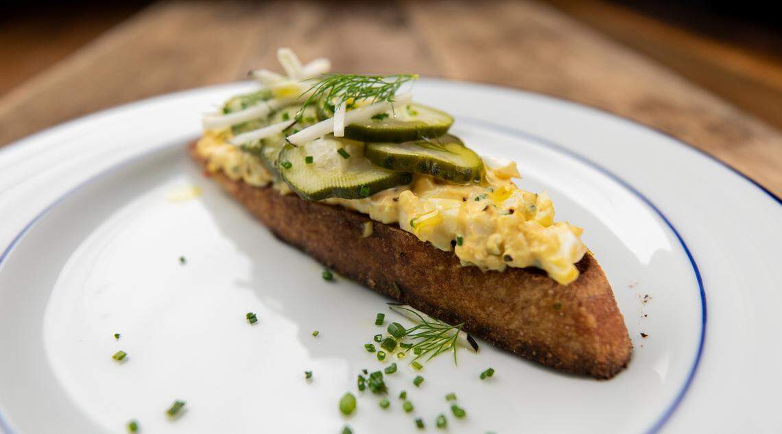 The Goodyear House will serve devilish egg toast: Smashed deviled egg salad, griddled toast, pickled veggies.