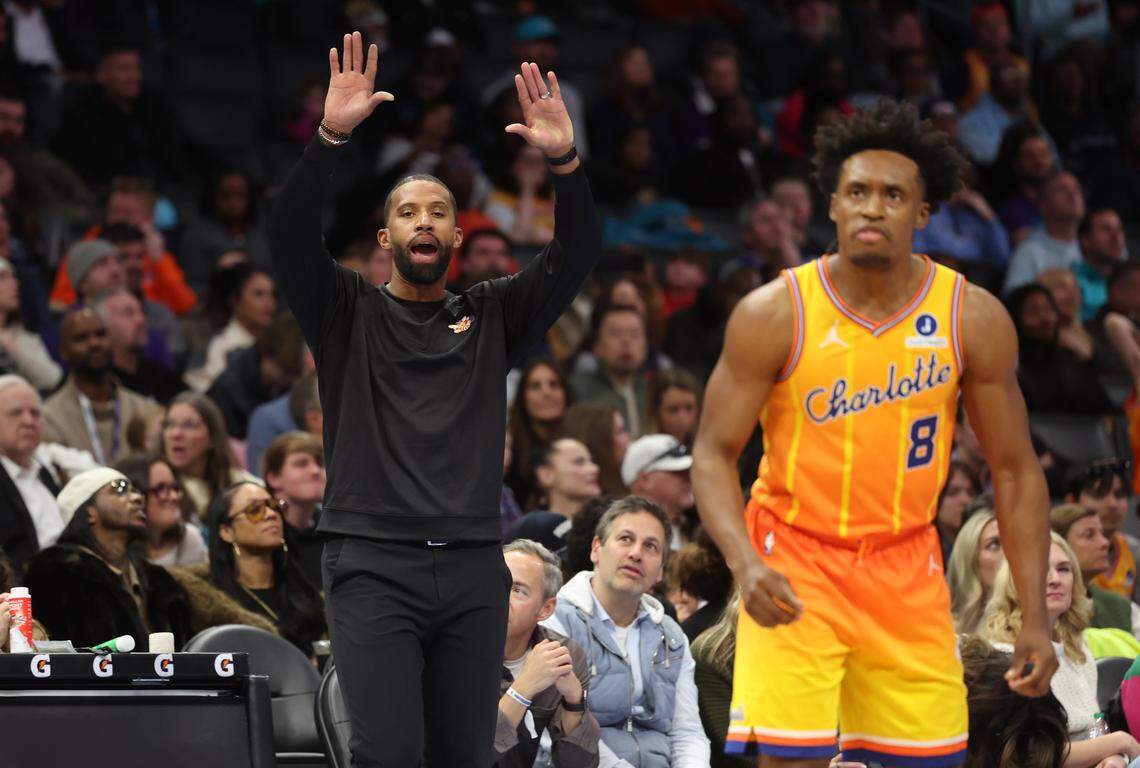 Charlotte Hornets head coach Charles Lee coaches his team from the sideline during the game against the Washington Wizards on Saturday, Jan. 24, 2026 at Spectrum Center in Charlotte, North Carolina.
