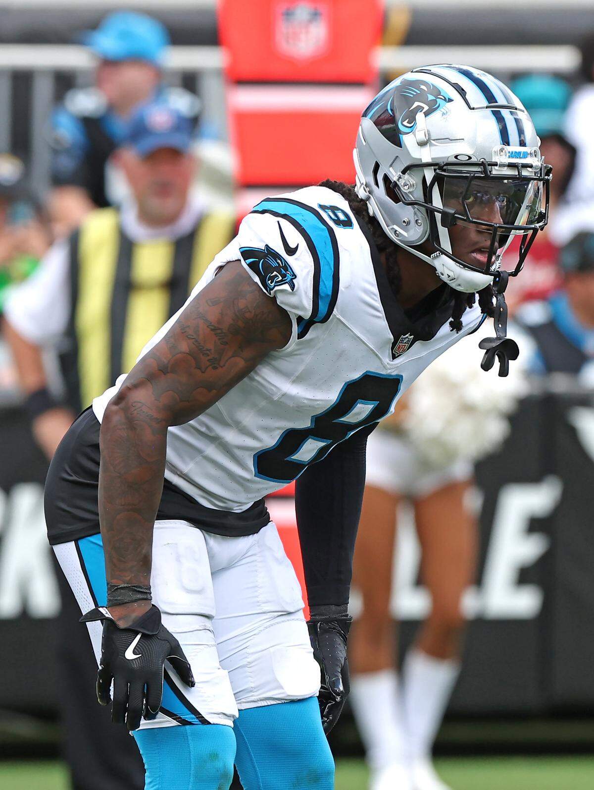 Carolina Panthers cornerback Jaycee Horn waits for the snap against the Jacksonville Jaguars on Sept. 7.