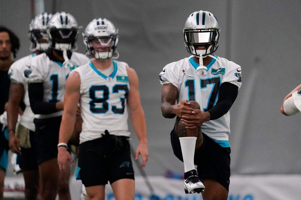 Carolina Panthers’ Rashard Higgins warms up at the NFL football team’s practice facility Wednesday, June 15, 2022, in Charlotte, N.C. (AP Photo/Chris Carlson)