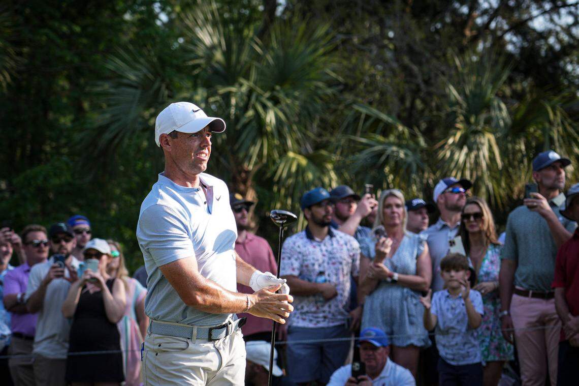 Mar 15, 2024; Ponte Vedra Beach, Florida, USA; Rory McIlroy watches his shot on the 15th tee during the second round of THE PLAYERS Championship golf tournament.