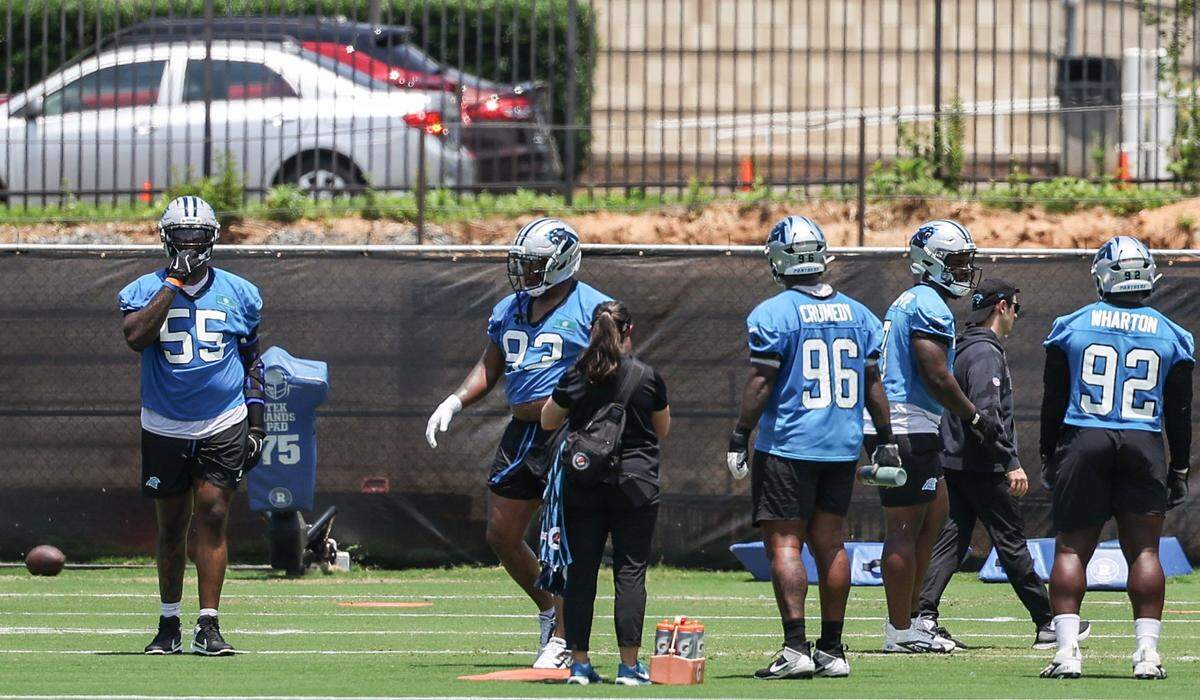 Panthers defensive line practices during the second day of minicamp in Charlotte, NC on Wednesday, June 11, 2025.