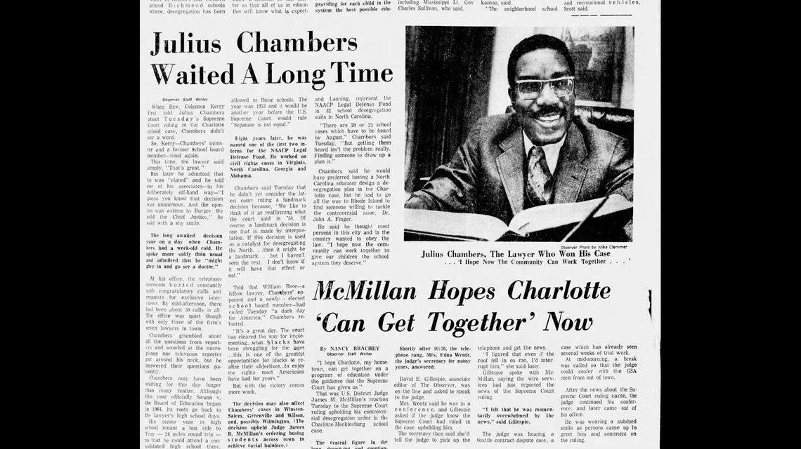 A story in the Charlotte Observer on April 21, 1971, the day after the Supreme Court ruled in favor of the Swann family, represented by civil rights attorney Julius Chambers. Accessed April 2021 via Newspapers.com.