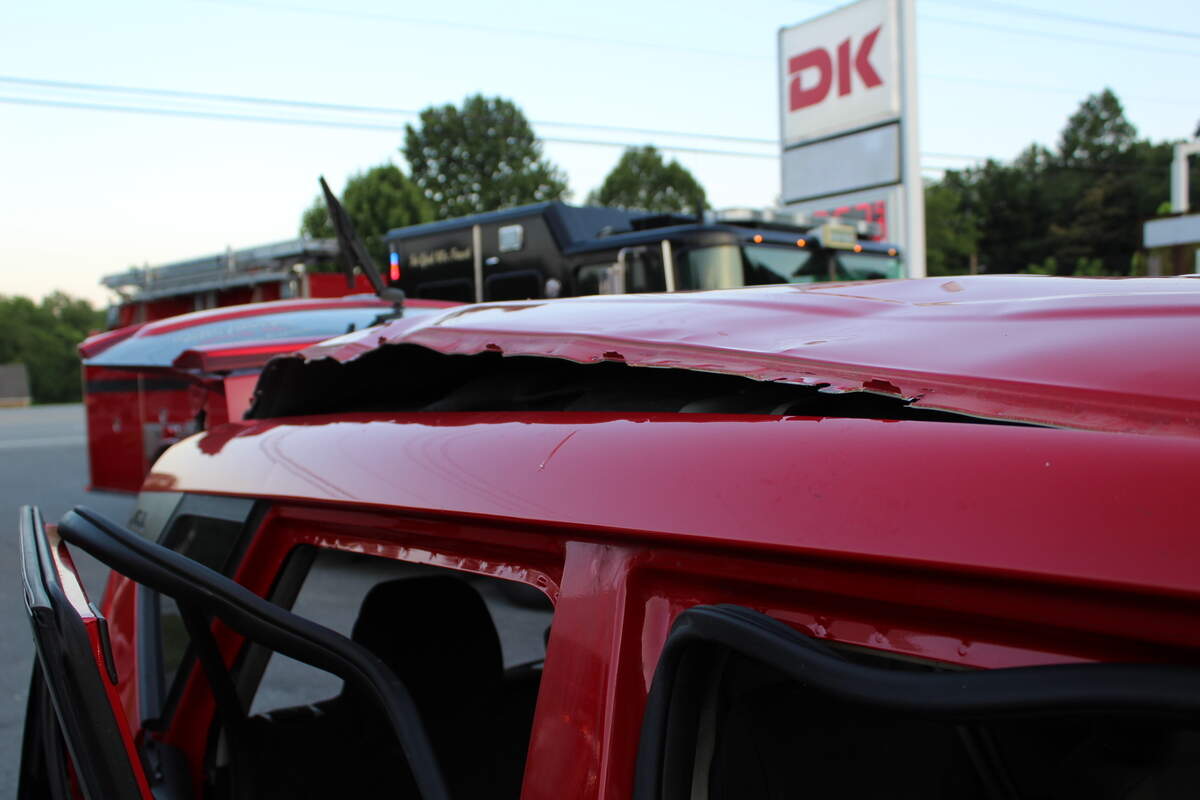 Photos show the impact popped out the car’s roof, buckled the doors and blew out all the windows.