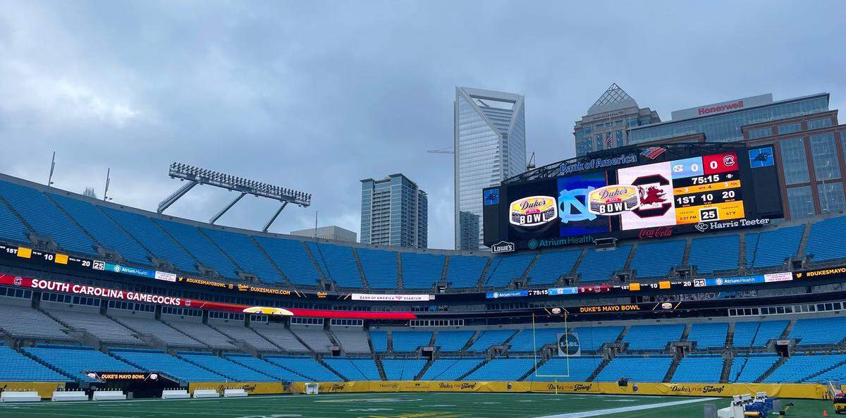 Bank of America Stadium will host the Duke’s Mayo Bowl between UNC and South Carolina on Thursday.