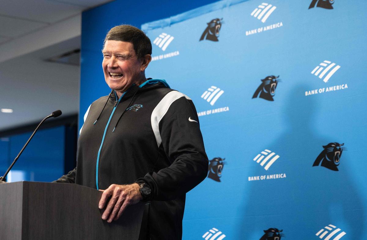 Panthers Senior Defensive Assistant Dom Capers speaks at Bank of America Stadium Wednesday. Capers, 72, was Carolina’s first head coach in 1995.