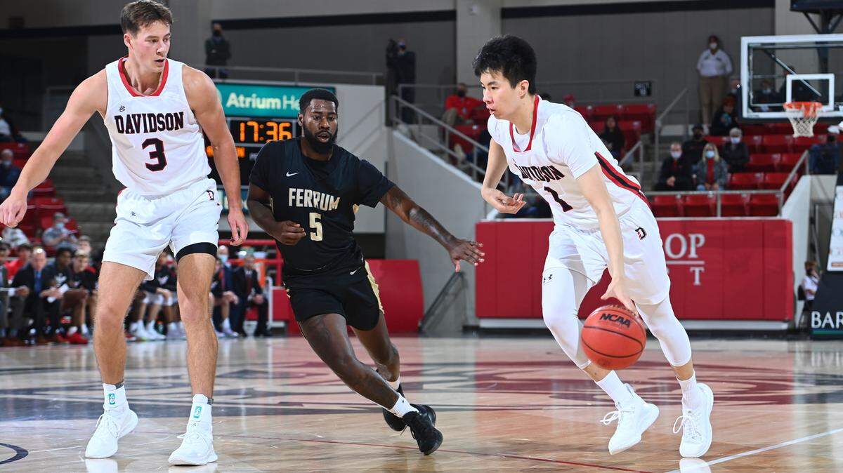 Davidson’s Hyunjung Lee (1) drives to the basket against Ferrum College last week. Lee is a preseason first-team all-conference selection.