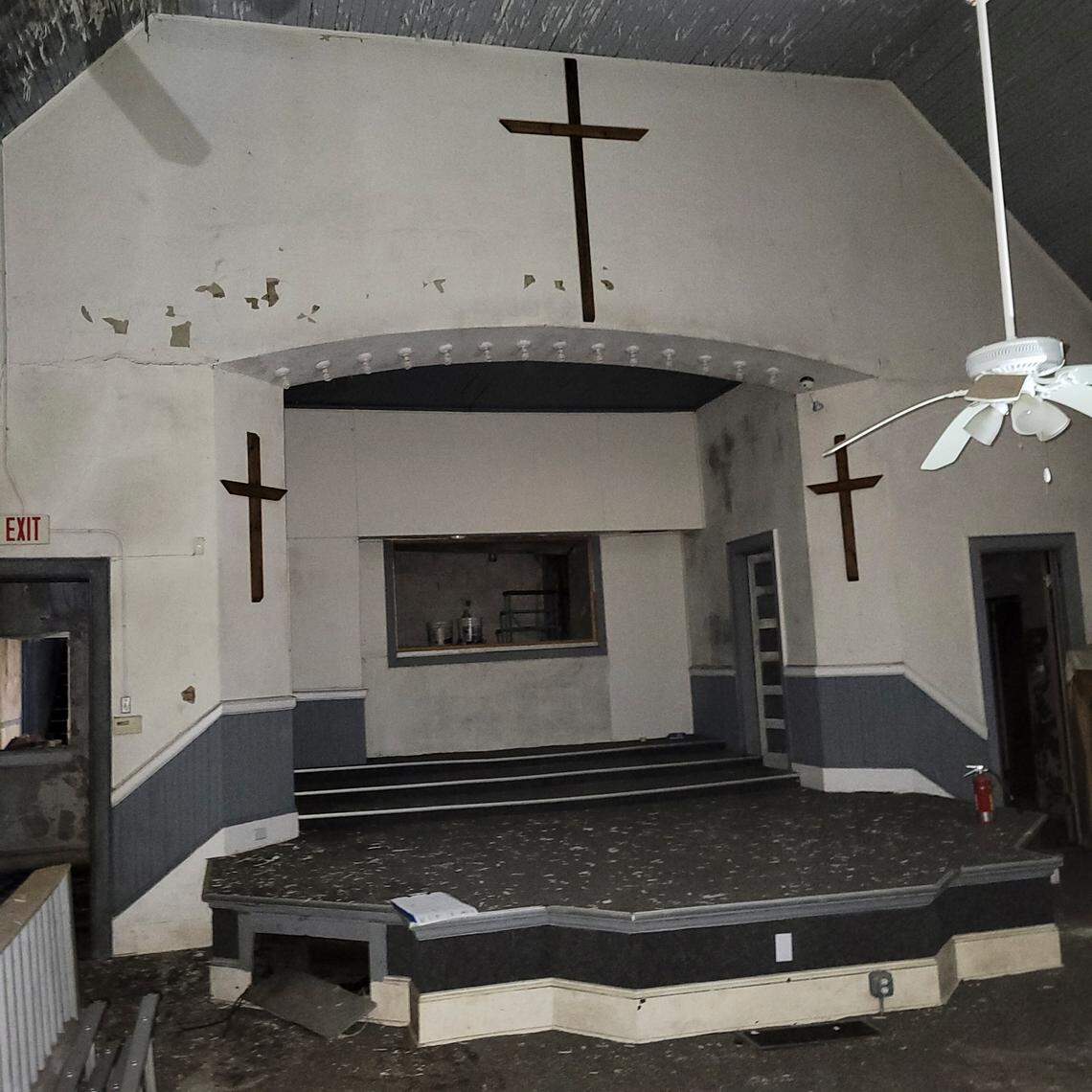 A photo taken in June shows the pulpit inside the century-old Mount Carmel Baptist Church, near Johnson C. Smith University. A plan is moving forward to help stabilize and preserve the building.