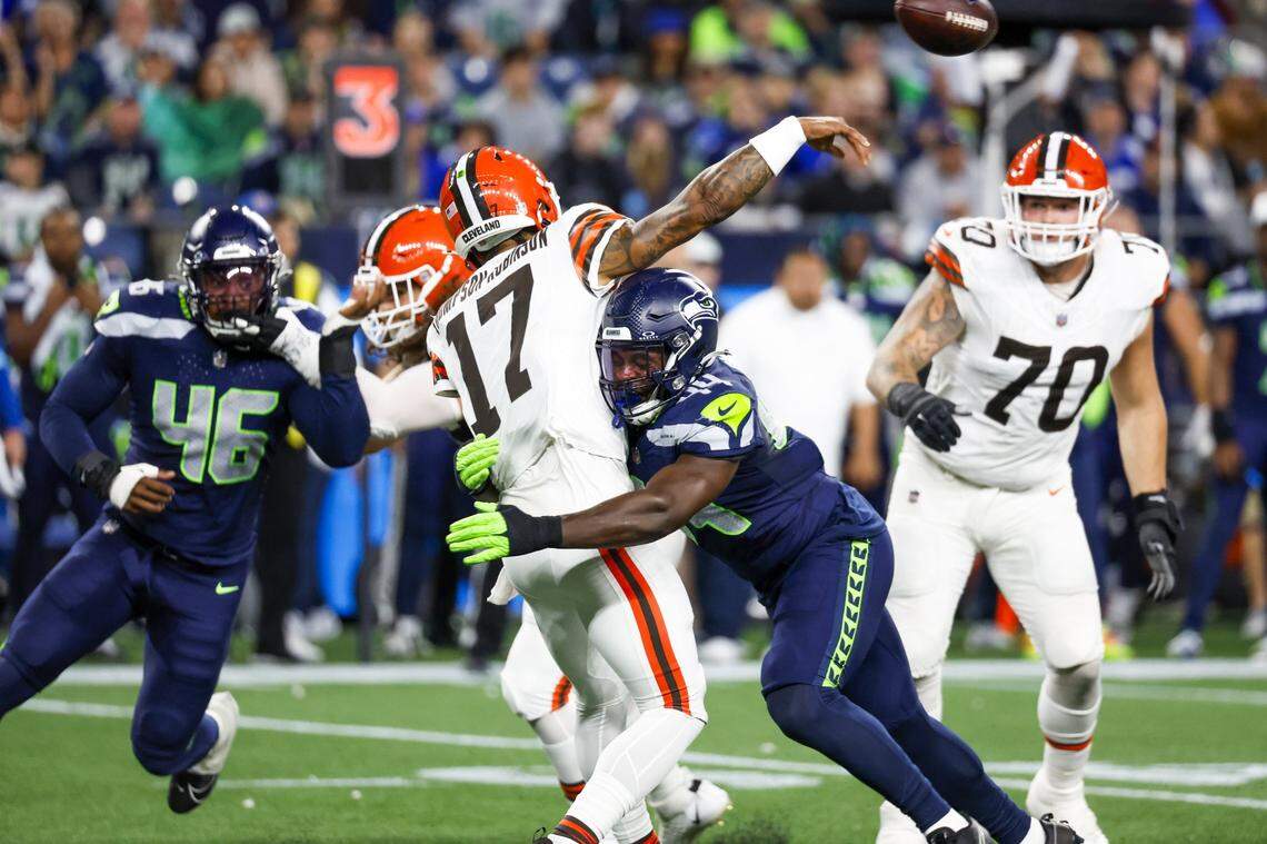 Aug 24, 2024; Seattle, Washington, USA; Seattle Seahawks linebacker Jamie Sheriff (44) pressures Cleveland Browns quarterback Dorian Thompson-Robinson (17) during the second quarter at Lumen Field. Mandatory Credit: Joe Nicholson-USA TODAY Sports