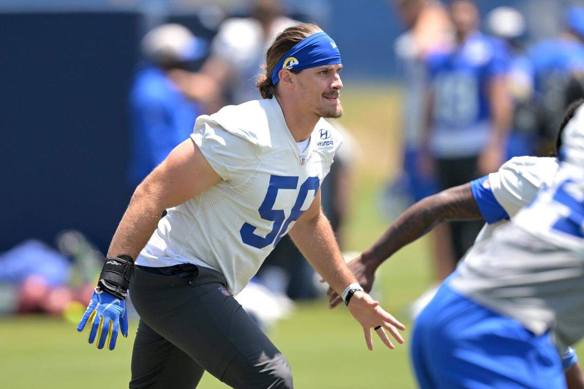 May 28, 2024; Thousand Oaks, CA, USA;  Los Angeles Rams linebacker Christian Rozeboom (56) during OTAs at California Lutheran University. Mandatory Credit: Jayne Kamin-Oncea-USA TODAY Sports