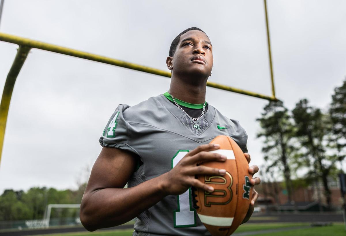 Myers Park football player, Rodney Dunham, poses for a portrait at Myers Park High School in Charlotte, N.C., on Thursday, April 3, 2025. Rodney went from non-recruited to top a 10 national recruit in about a year.