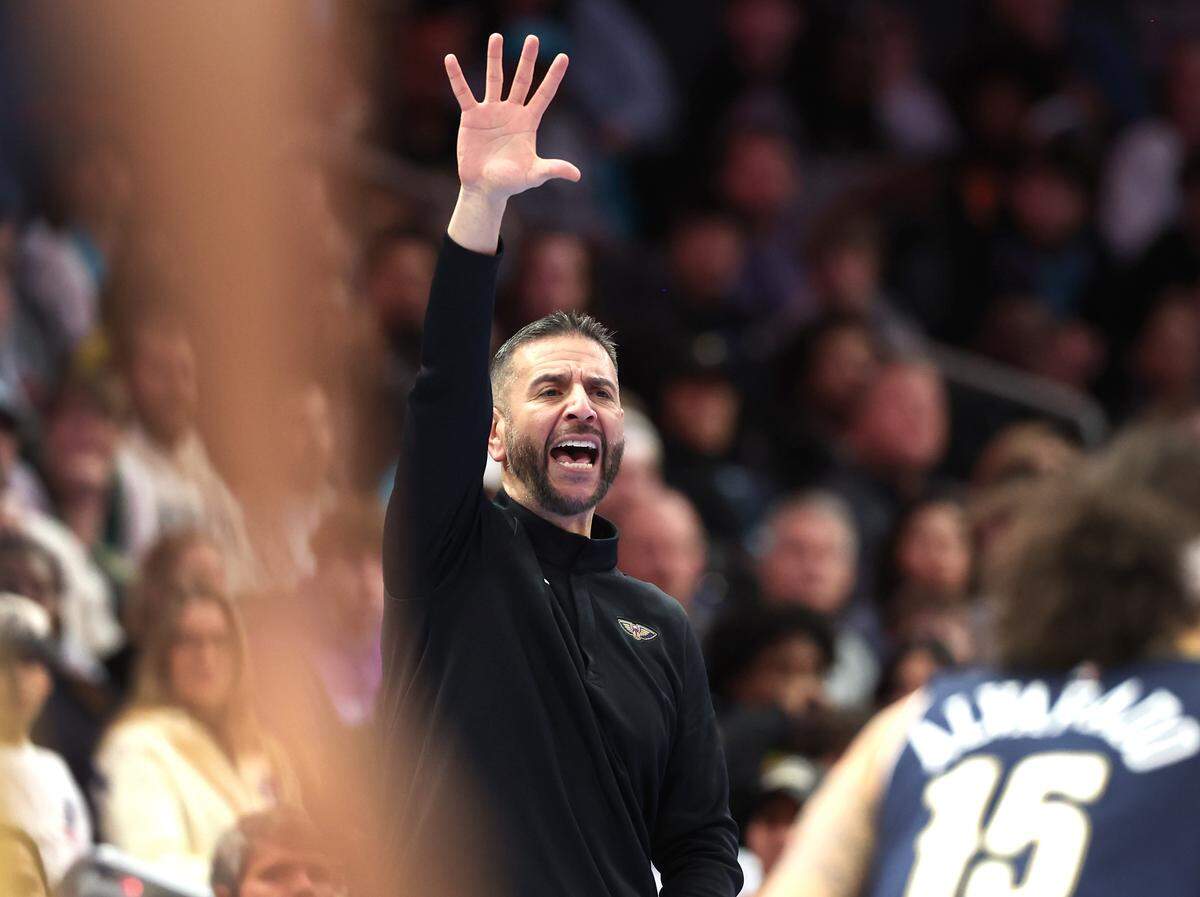 New Orleans Pelicans head coach James Borrego yells instructions to his during action against the Charlotte Hornets at Spectrum Center in Charlotte, NC on Monday, February 2, 2026. The Hornets defeated the Pelicans 102-95.