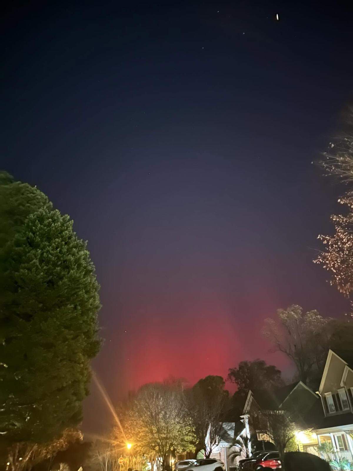 A night time photo showing a dark, deep blue-purple sky above a horizon featuring a distinct, diffuse red glow. The lower edge of the frame shows the tops of houses and neighborhood trees, including a large, dark evergreen on the left and bare deciduous trees near the center. A bright street lamp creates a visible light streak near the bottom left.