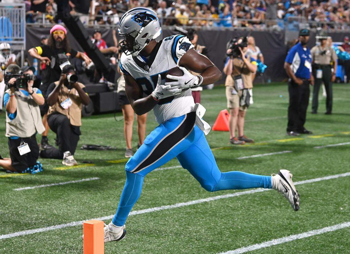 Carolina Panthers tight end James Mitchell secures the ball on a touchdown pass reception during action against the Pittsburgh Steelers at Bank of America Stadium in Charlotte, NC on Thursday, August 21, 2025.