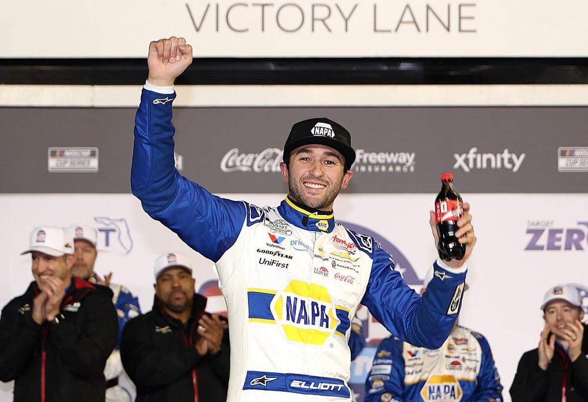 Chase Elliott, driver of the #9 NAPA Auto Parts Chevrolet, celebrates in victory lane after winning Duel 2 for the NASCAR Cup Series Daytona 500 at Daytona at Daytona International Speedway on February 12, 2026 in Daytona Beach, Florida.