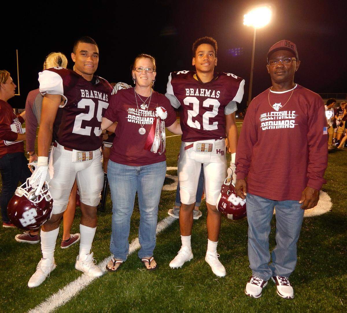 A photo in the fall of 2017, the only year Jordon and Jonathon Brooks played together for Hallettsville High School. From left to right: Jordon (Jonathon’s older brother of three years), Jennifer Donovan (Jonathon’s mother), Jonathon (Panthers rookie running back) and Skip (Jonathon’s father).