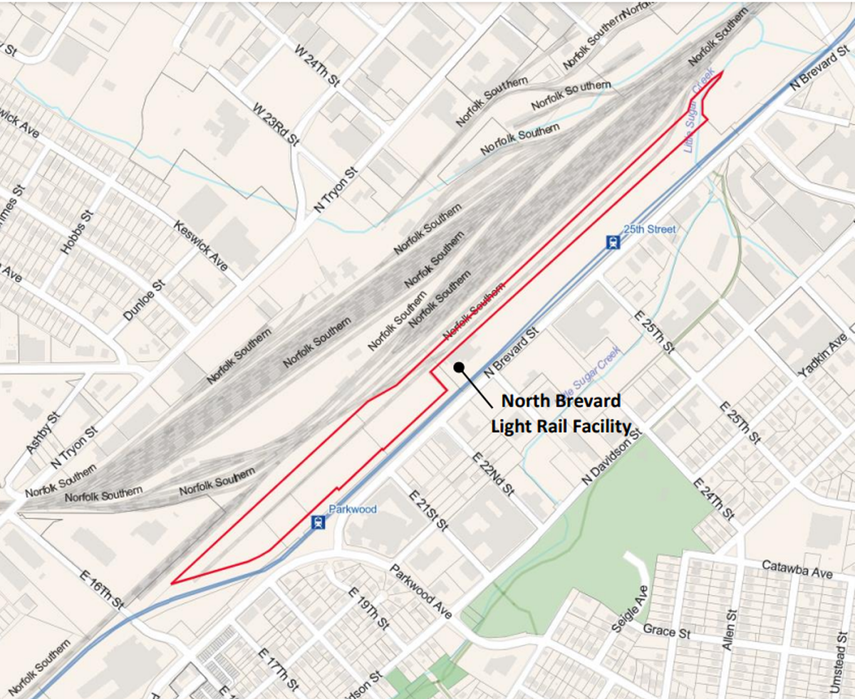 A map shows where the City of Charlotte is acquiring property from Norfolk Southern.