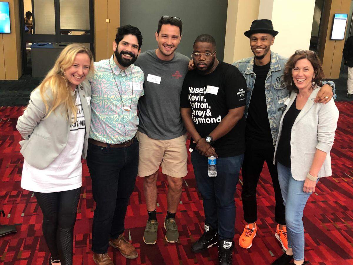 David “Dae-Lee” Arrington (in the hat) poses with Fair Play Music Equity Initiative team members (left to right) Sara Colée, Claudio Ortiz, Hank Patterson, Tim Scott, and Michelle Hamilton. Arrington helped found the nonprofit, which helps expose Charlotte event planners and venue owners to a wider variety of music genres in hopes of making the city’s music scene more inclusive.