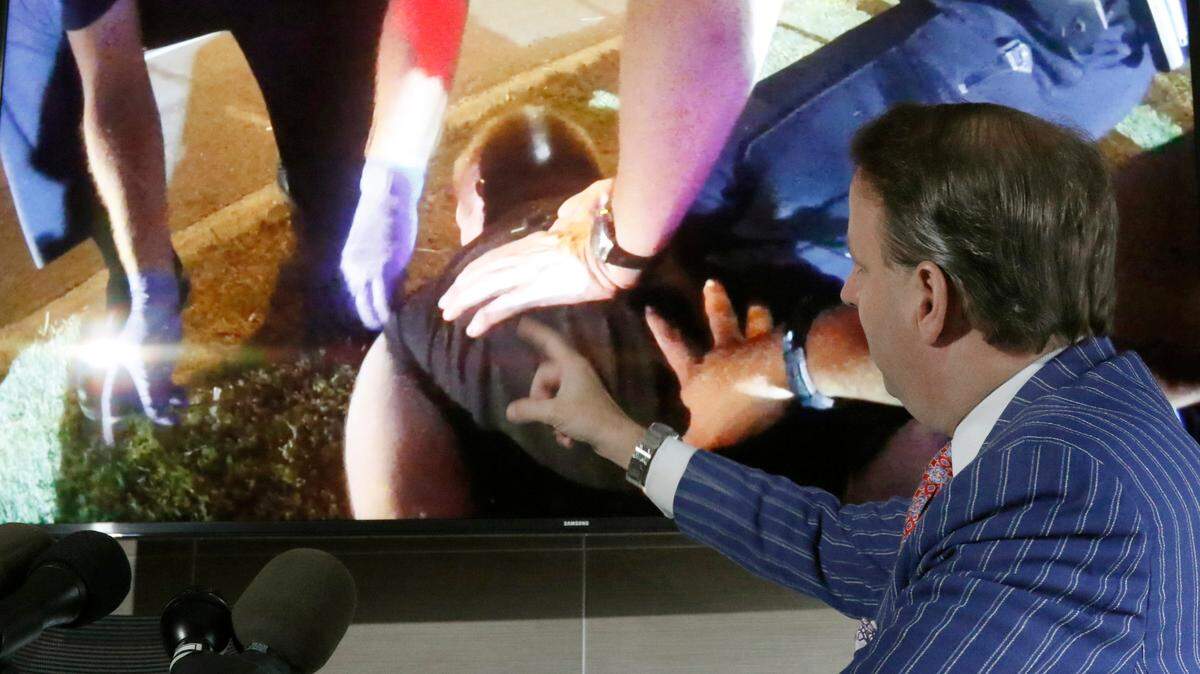 Attorney Geoff Henley talks to the media on Aug. 2, 2019 about Dallas Police body camera footage of Tony Timpa’s 2016 arrest in Dallas Texas. Timpa died during an arrest after calling police for help regarding a mental breakdown. In September 2023, a federal jury found three Dallas police officers liable for his death.
