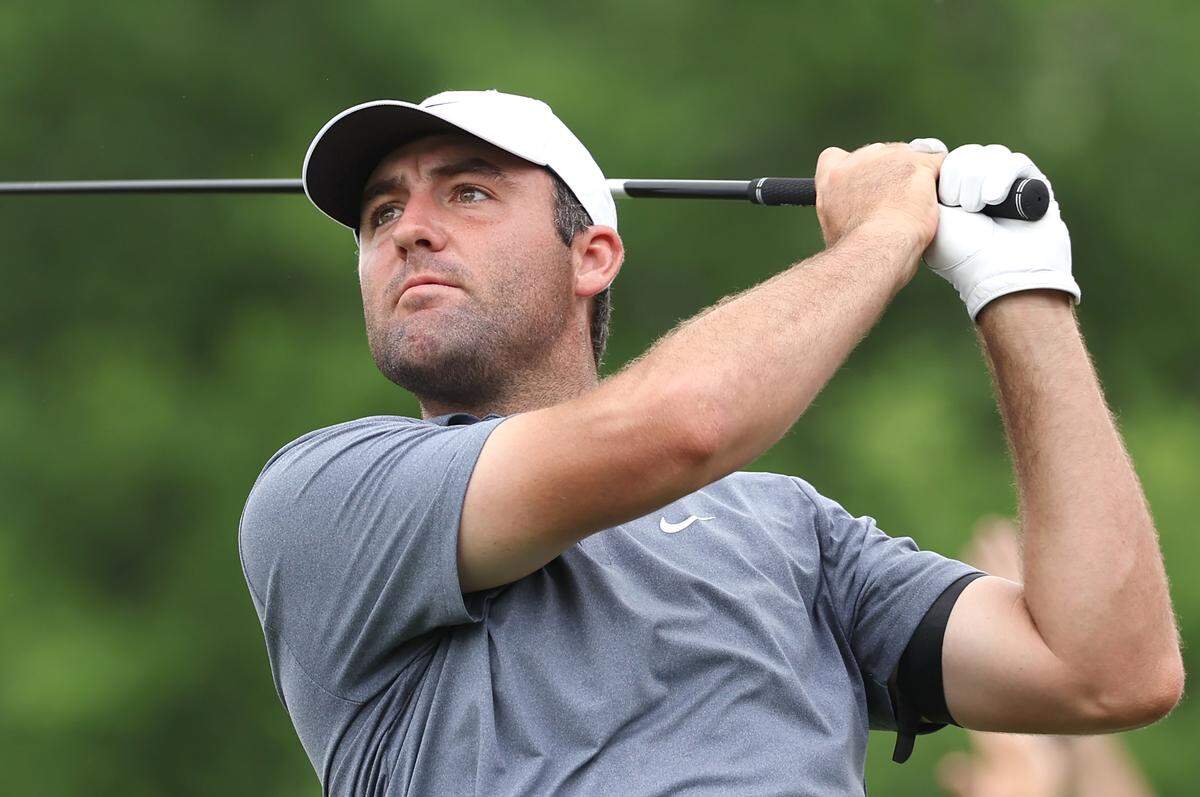 Scottie Scheffler watches his drive from the eighth tee box during the second round of the PGA Championship at Quail Hollow Club in Charlotte, NC on Friday, May 16, 2025.