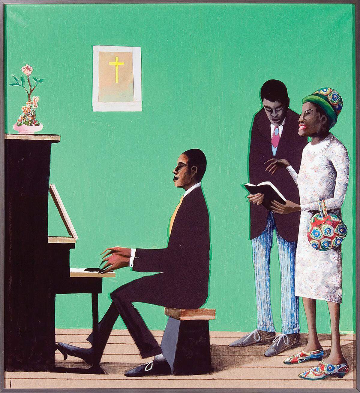 Benny Andrews’ ”Rehearsal” is an oil and collage on canvas showing a woman and child practicing hymns with the church pianist.