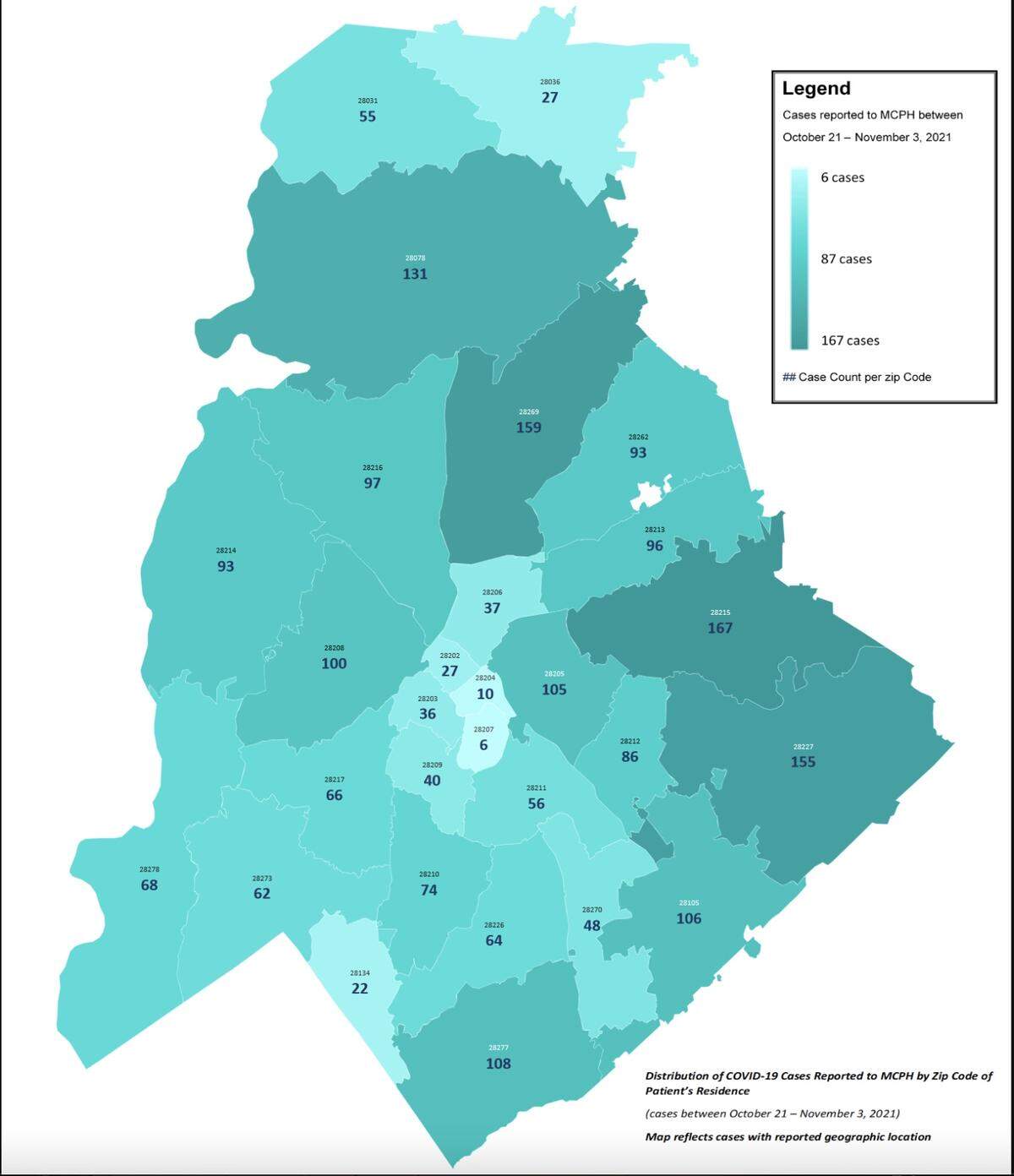 Distribution of COVID-19 cases reported to Mecklenburg County Public Health by ZIP code