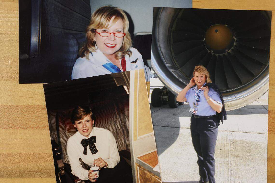 A collection of photos shows Sylvia Baird smiling through her career as a US Airways flight attendant.