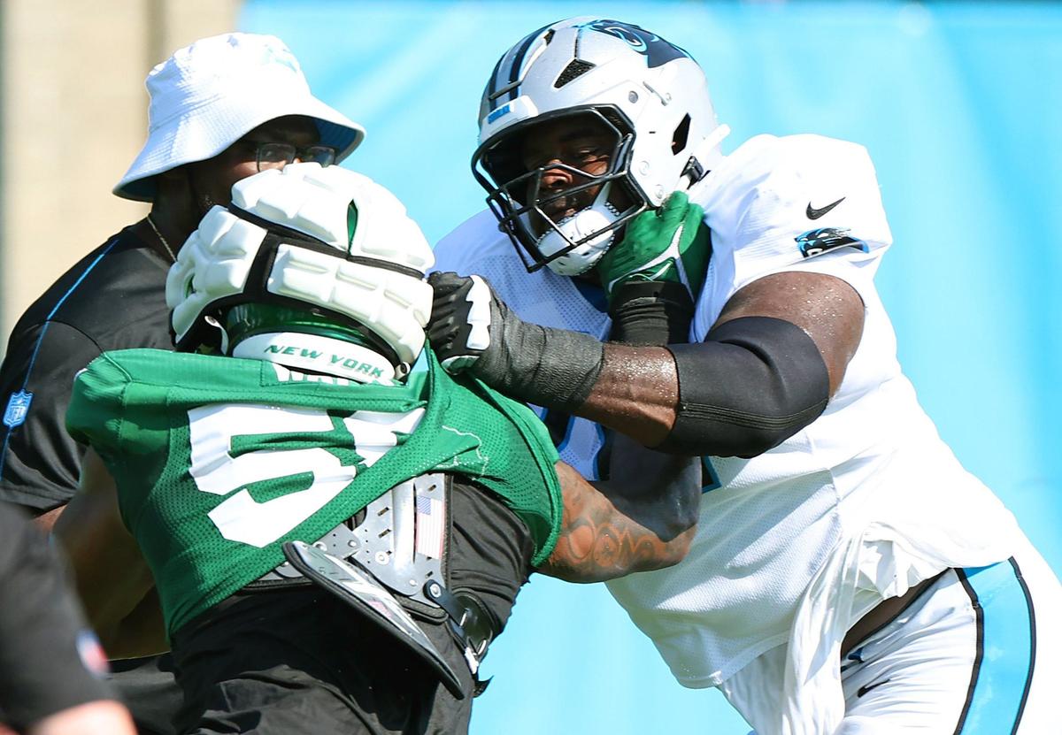 Members of the New York Jets and Carolina Panthers battle one another during the team’s joint practice on Thursday, August 15, 2024 in Charlotte, NC.