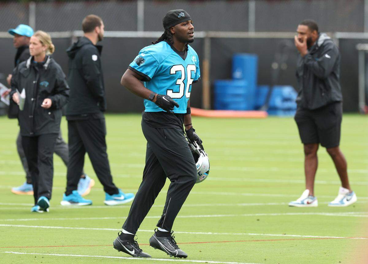 Carolina Panthers safety Demani Richardson runs across the field to another series of drills during an OTA practice on Tuesday, May 27, 2025.