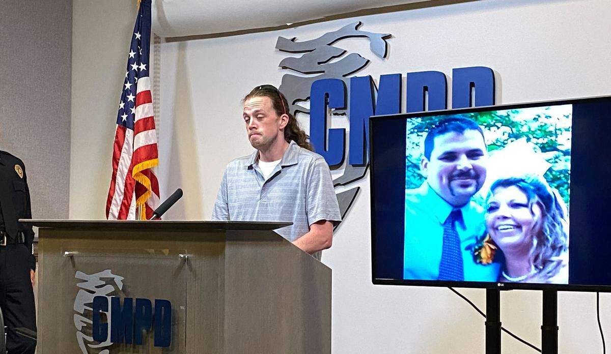 Michael McClure, son of Karen Baker, speaks to reporters during a Charlotte-Mecklenburg Police news conference on Thursday, July 21, 2022, in which new information was released about her shooting death.