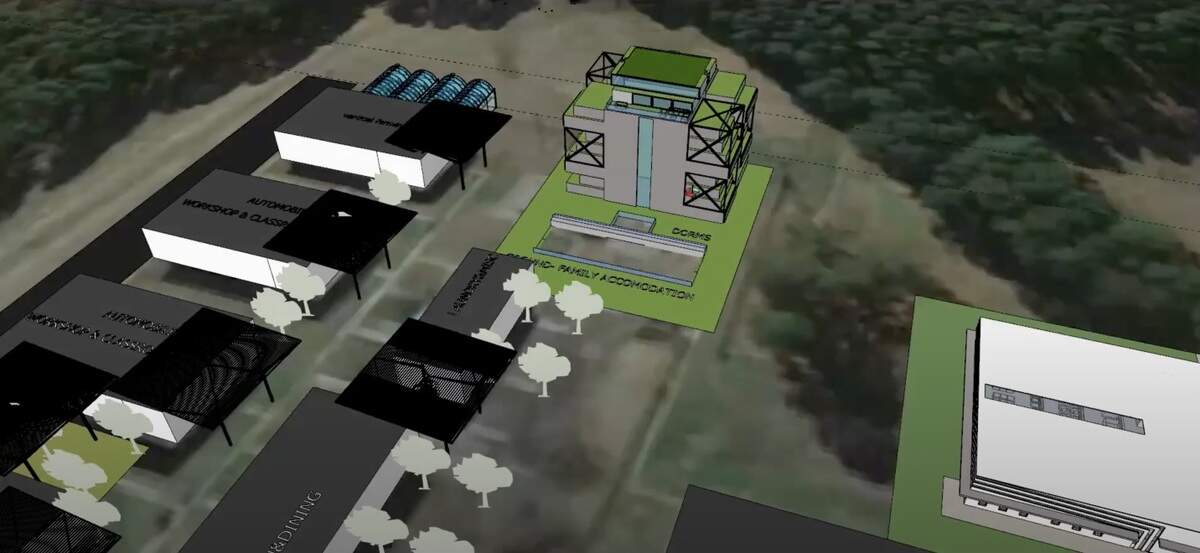 A portion of the renovation plans for 5 and 2 Trade School at Anson Correctional Center, featuring the new dormitory (top center) and trade workspace buildings (left)