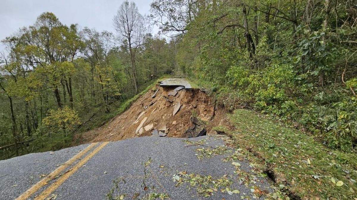 Helene ripped parts of the Blue Ridge Parkway away, including this section near Gooch Gap in McDowell County. The road is closed for the foreseeable future in all of North Carolina and Virginia, park rangers said on Saturday, Oct. 5, 2024.