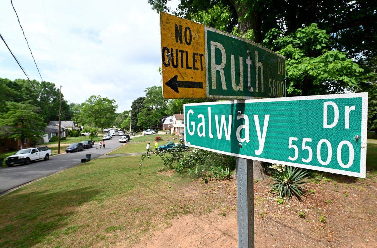 A scene on Galway Drive in east Charlotte where three US Marshals task force were killed on Monday, April 29, 2024 when they were serving a warrant. CMPD Officer Joshua Eyer died from wounds suffered at the scene Monday evening. Four other officers were wounded during the shooting.