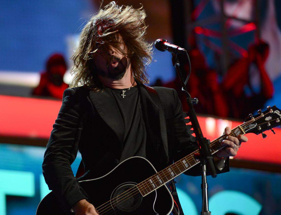 Dave Grohl of Foo Fighters performs on stage during the final night of the DNC in Charlotte, on Sept. 6, 2012. The band will return to Charlotte May 9 at PNC Music Pavilion.