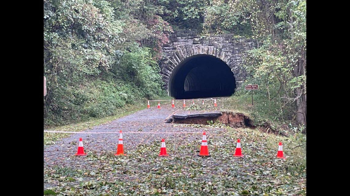 The pavement vanished just outside one of the three Ferrin Knob tunnels, creating a potentially deadly trap for motorists emerging from the tunnel.