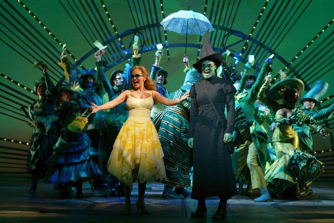 Gregory Maguire wrote the book that spawned the musical “Wicked,” with original witches Kristin Chenoweth, left. and Idina Menzel.