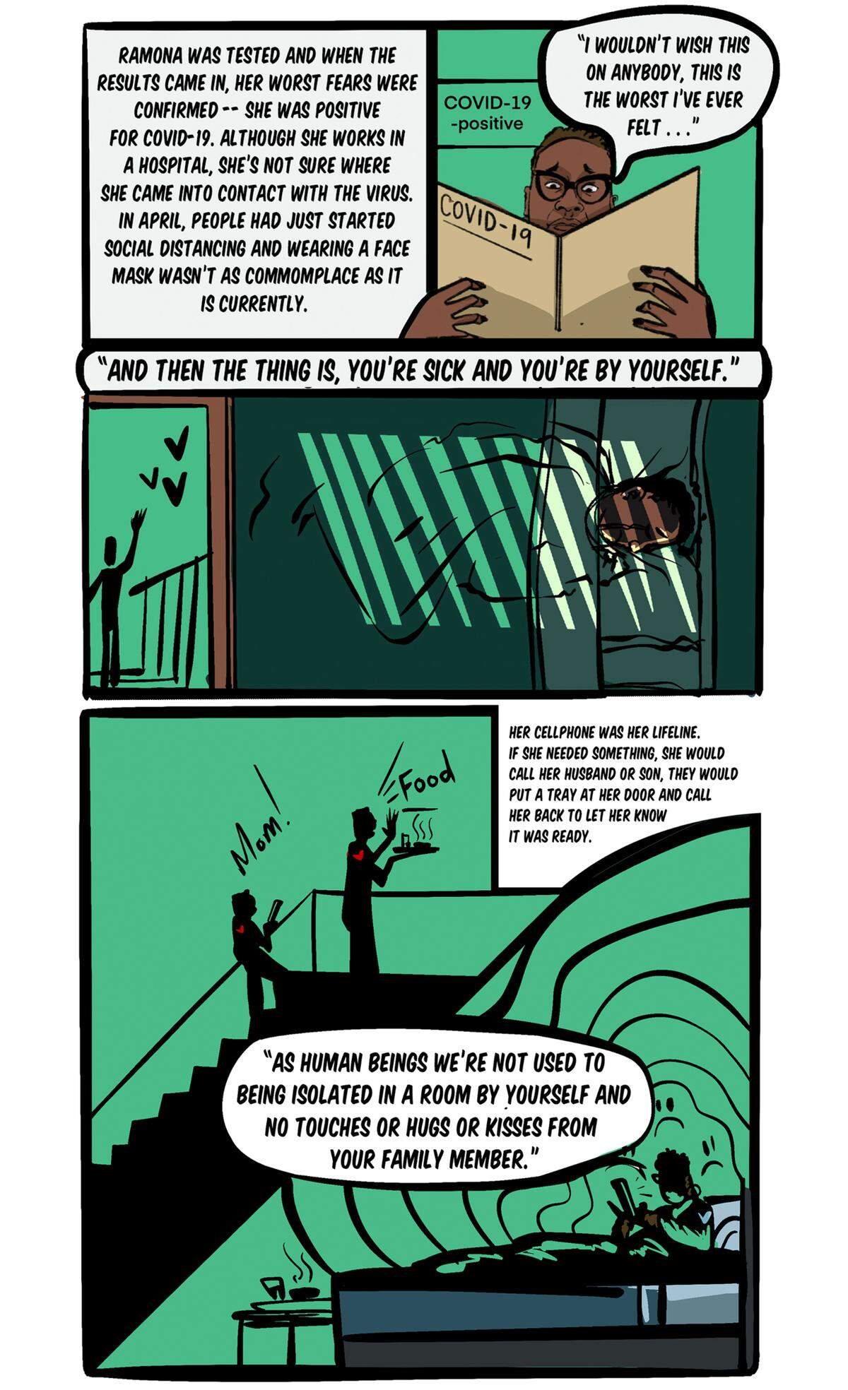 This scene is from Chapter 5 of “THE PANDEM!C.” It’s based on reporting by Sarah Delia for WFAE-90.7. It recounts one woman’s personal experience with COVID-19. The chapter title says it all: “I wouldn’t wish this on anybody.” The artwork is by Matthew Clayburn.
