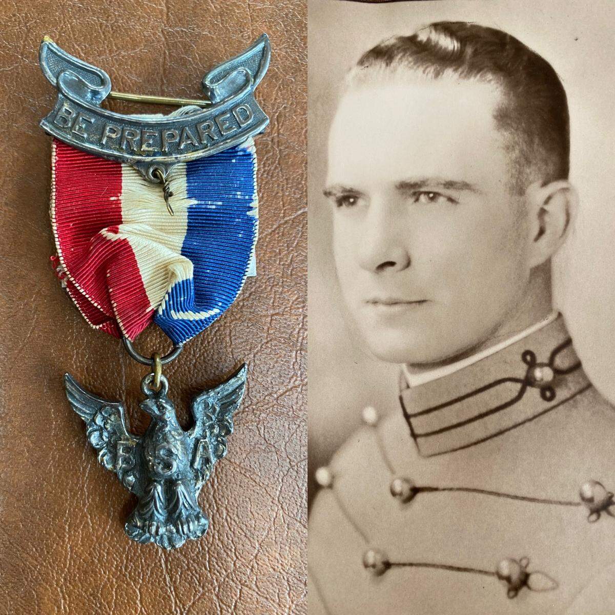 At left is Philip Kromer’s Eagle Scout medal; at right, Philip Kromer photographed in 1927.
