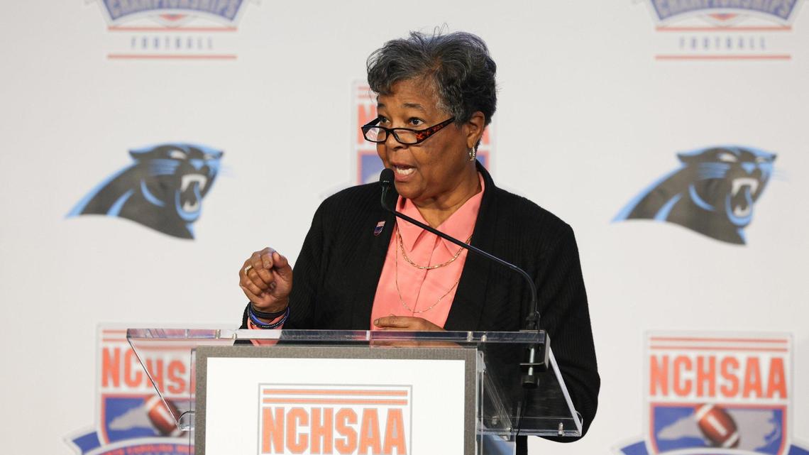 NCHSAA commissioner Que Tucker speaks during a press conference for the state championship media day at Bank of America Stadium on Monday, December 4, 2023.