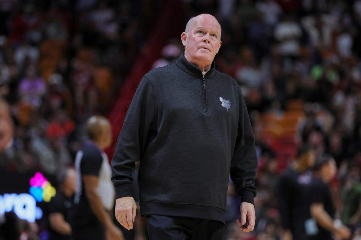 Dec 13, 2023; Miami, Florida, USA; Charlotte Hornets head coach Steve Clifford looks on against the Miami Heat during the fourth quarter at Kaseya Center.